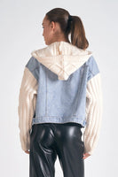 Elan Clothing Serena Sweater Jacket Style JK8225 DN-WS in Denim and White;CAble Knit Sweater Sleeve Denim Jacket;Denim Jacket with sweater sleeves and hood;Sweater Hood and Sleeve Denim Jacket; Fall Jacket; A Different Denim Jacket