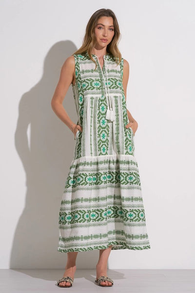 Elan Clothing Sleeveless V-Neck Maxi Dress Style CPE50093 in White Green; 