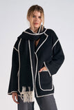 Elan Clothing Top Stitch Jacket Style LK8074 in Black; Embroidered Contrast Stitch Jacket with removable scarf;  Elan Contrast stitch jacket and scarf combo set