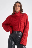 Elan Clothing Vixen Sweater Style SW10922 in Red;Red Cable Knit Turtleneck Sweater;Cable Knit Turtle Neck; 