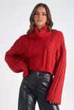 Elan Clothing Vixen Sweater Style SW10922 in Red;Red Cable Knit Turtleneck Sweater;Cable Knit Turtle Neck; 