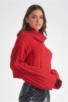 Elan Clothing Vixen Sweater Style SW10922 in Red;Red Cable Knit Turtleneck Sweater;Cable Knit Turtle Neck; 