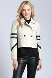 Eleven Uptown Clothing Combo Cropped Trench Leather Jacket Style L75 in Off White with Black;Eleven Uptown Leather Jacket;11 Uptown Cropped Leather Trench Jacket;Fall Leather Jacket; 