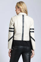 Eleven Uptown Clothing Combo Cropped Trench Leather Jacket Style L75 in Off White with Black;Eleven Uptown Leather Jacket;11 Uptown Cropped Leather Trench Jacket;Fall Leather Jacket; 