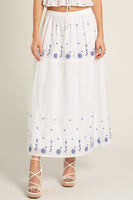 En Creme Clothing Embroidered Tiered Maxi Skirt style ES80882VK in white with blue;Embroidered Midi Skirt; 