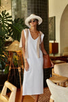 Felicite Apparel V-Neck Cotton Dress Style 4000-1100 in White; 