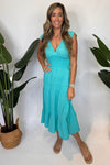 Felicity Apparel Smocked Dress Gauze STyle 3911-113 EBA in Emerald Bay; BEach Wedding Dress;Smocked V-neck Gauze Dress;Turquoise Gauze V-Neck Summer Dress