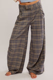 Free PEople TEGAN BARREL TROUSER Style OB1806206 in Blue Grey Combo;wide leg trouser;barrel leg plaid trouser; 