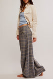 Free PEople TEGAN BARREL TROUSER Style OB1806206 in Blue Grey Combo;wide leg trouser;barrel leg plaid trouser; 