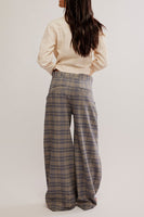 Free PEople TEGAN BARREL TROUSER Style OB1806206 in Blue Grey Combo;wide leg trouser;barrel leg plaid trouser; 