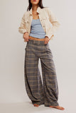 Free PEople TEGAN BARREL TROUSER Style OB1806206 in Blue Grey Combo;wide leg trouser;barrel leg plaid trouser; 