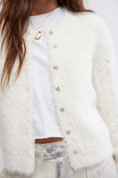 Free People Celeste Cardi Style OB2094580 in Ivory; Multi Color Button Fuzzy Pointelle Sleeve Sweater Cardi