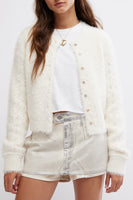 Free People Celeste Cardi Style OB2094580 in Ivory; Multi Color Button Fuzzy Pointelle Sleeve Sweater Cardi