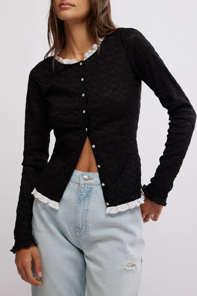 Free People Clothing Blackbird Cardi Style OB2070497 in Black; Layered Top;  Button front layered sweater Top