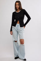 Free People Clothing Blackbird Cardi Style OB2070497 in Black; Layered Top;  Button front layered sweater Top