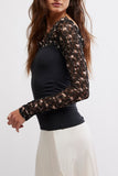 Free People Clothing Josie Long Sleeve Top Style OB2069884 in Black Combo; contrast lace sleeve scoop neck top