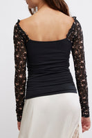 Free People Clothing Josie Long Sleeve Top Style OB2069884 in Black Combo; contrast lace sleeve scoop neck top