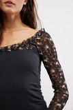 Free People Clothing Josie Long Sleeve Top Style OB2069884 in Black Combo; contrast lace sleeve scoop neck top