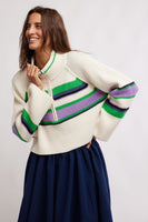 Free People Clothing Striped Greta Half Zip Style OB2129420 in Sugar Swirl Combo;Ribbed Half Zip Sweater;Striped Free People Half Zip Top; Spring Ribbed Half Zip Knit Top