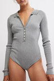 Free People Ready for it Bodysuit Style OB2065857 in Heather Grey;v-neck ribbed bodysuit;free people ribbed bodysuit; Collared Long Sleeve V-nec Bodysuit