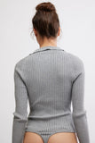 Free People Ready for it Bodysuit Style OB2065857 in Heather Grey;v-neck ribbed bodysuit;free people ribbed bodysuit; Collared Long Sleeve V-nec Bodysuit