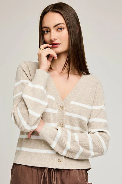 Gentle Fawn Clothing Eden Striped Cardigan Style GF2501-3084-OAT in Heather Oatmeal Stripe;Spring Knit Cardigan; 