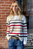 Hem and Thread Clothing Crew Neck Striped Split Hem Sweater Style 36029 in White with Navy and Red Stripes; Striped Crew Neck Spring Sweater