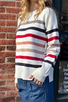 Hem and Thread Clothing Crew Neck Striped Split Hem Sweater Style 36029 in White with Navy and Red Stripes; Striped Crew Neck Spring Sweater