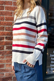 Hem and Thread Clothing Crew Neck Striped Split Hem Sweater Style 36029 in White with Navy and Red Stripes; Striped Crew Neck Spring Sweater