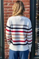 Hem and Thread Clothing Crew Neck Striped Split Hem Sweater Style 36029 in White with Navy and Red Stripes; Striped Crew Neck Spring Sweater