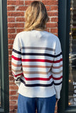 Hem and Thread Clothing Crew Neck Striped Split Hem Sweater Style 36029 in White with Navy and Red Stripes; Striped Crew Neck Spring Sweater