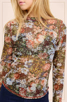 La Meil Clothing Semi Sheer Mesh Crew Neck Top Style JCT7700-Z1 in Brown Floral; Fall Layering Top; Floral Layering top