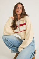 Le Lis Clothing Collared Sweater Crop Jacket Style SWJ2540 in Cream with Red Stripes;Zipper Front Crop Sweater Jacket; Collared zip front sweater