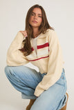 Le Lis Clothing Collared Sweater Crop Jacket Style SWJ2540 in Cream with Red Stripes;Zipper Front Crop Sweater Jacket; Collared zip front sweater