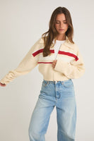 Le Lis Clothing Collared Sweater Crop Jacket Style SWJ2540 in Cream with Red Stripes;Zipper Front Crop Sweater Jacket; Collared zip front sweater