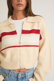 Le Lis Clothing Collared Sweater Crop Jacket Style SWJ2540 in Cream with Red Stripes;Zipper Front Crop Sweater Jacket; Collared zip front sweater