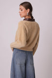 Line and Dot Clothing Monica Sweater Style LJ9695B in Latte; Tan Fuzzy Sweater; Zip Front Sweater; Fuzzy Sweater With Faux Leather Contrast Collar