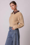 Line and Dot Clothing Monica Sweater Style LJ9695B in Latte; Tan Fuzzy Sweater; Zip Front Sweater; Fuzzy Sweater With Faux Leather Contrast Collar