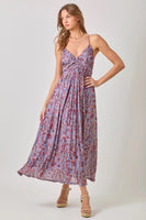 Mystree Clothing Criss Cross Back Pleating Mesh Dress Style 60646 in Lavender Floral; Floral Spring Summer Guest Of Dress