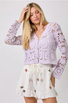 Mystree Clothing Crochet Button Up Cardigan Style Number 60619 In Lavender; Lavender Crochet Button Front Cardigan Top