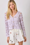 Mystree Clothing Crochet Button Up Cardigan Style Number 60619 In Lavender; Lavender Crochet Button Front Cardigan Top