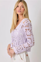 Mystree Clothing Crochet Button Up Cardigan Style Number 60619 In Lavender; Lavender Crochet Button Front Cardigan Top