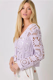 Mystree Clothing Crochet Button Up Cardigan Style Number 60619 In Lavender; Lavender Crochet Button Front Cardigan Top