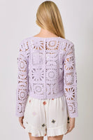 Mystree Clothing Crochet Button Up Cardigan Style Number 60619 In Lavender; Lavender Crochet Button Front Cardigan Top