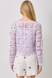 Mystree Clothing Crochet Button Up Cardigan Style Number 60619 In Lavender; Lavender Crochet Button Front Cardigan Top