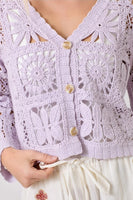 Mystree Clothing Crochet Button Up Cardigan Style Number 60619 In Lavender; Lavender Crochet Button Front Cardigan Top