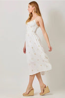 Mystree Clothing Embroidered Double Gauze Smocked Dress Style 60683 in White; Embroidered Spring Summer Gauze Midi Dress