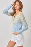 Mystree Clothing Embroidered Double Gauze Smocked Dress Style 60683 in White;Mystree Clothing Gradient Sweater Cardigan Style 61076 in Oatmeal Powder Blue; 