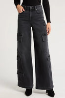 Nori High Rise Wide LEg Cargo Style HD9299-CHA in Charcoal;Washed Black Wide Leg Cargo Jeans; 