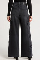 Nori High Rise Wide LEg Cargo Style HD9299-CHA in Charcoal;Washed Black Wide Leg Cargo Jeans; 